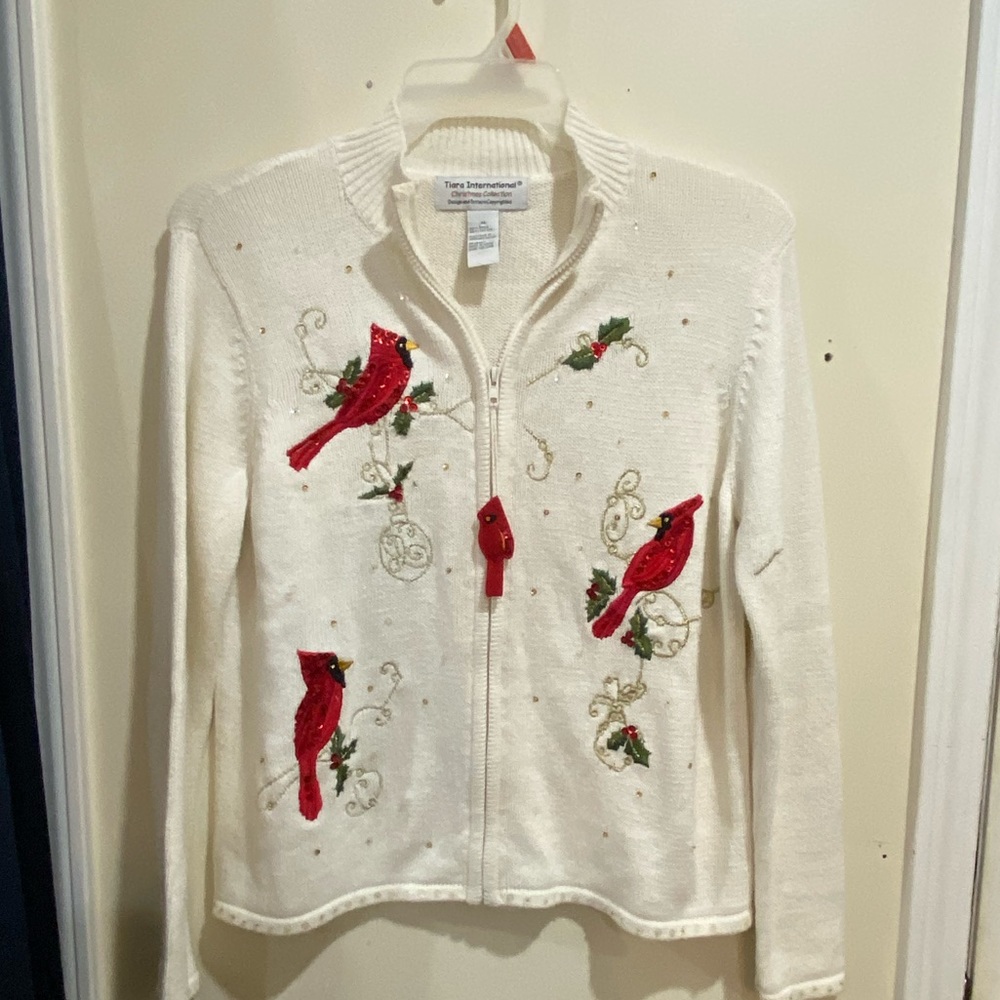 Tiara International Christmas‎ Collection Sweater Adorned with Red Birds